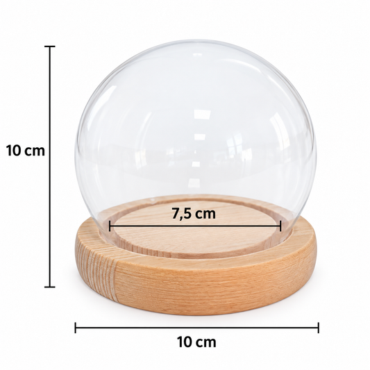 Cúpula Redoma de Vidro Decorativa 10x10cm - Base Madeira Clara