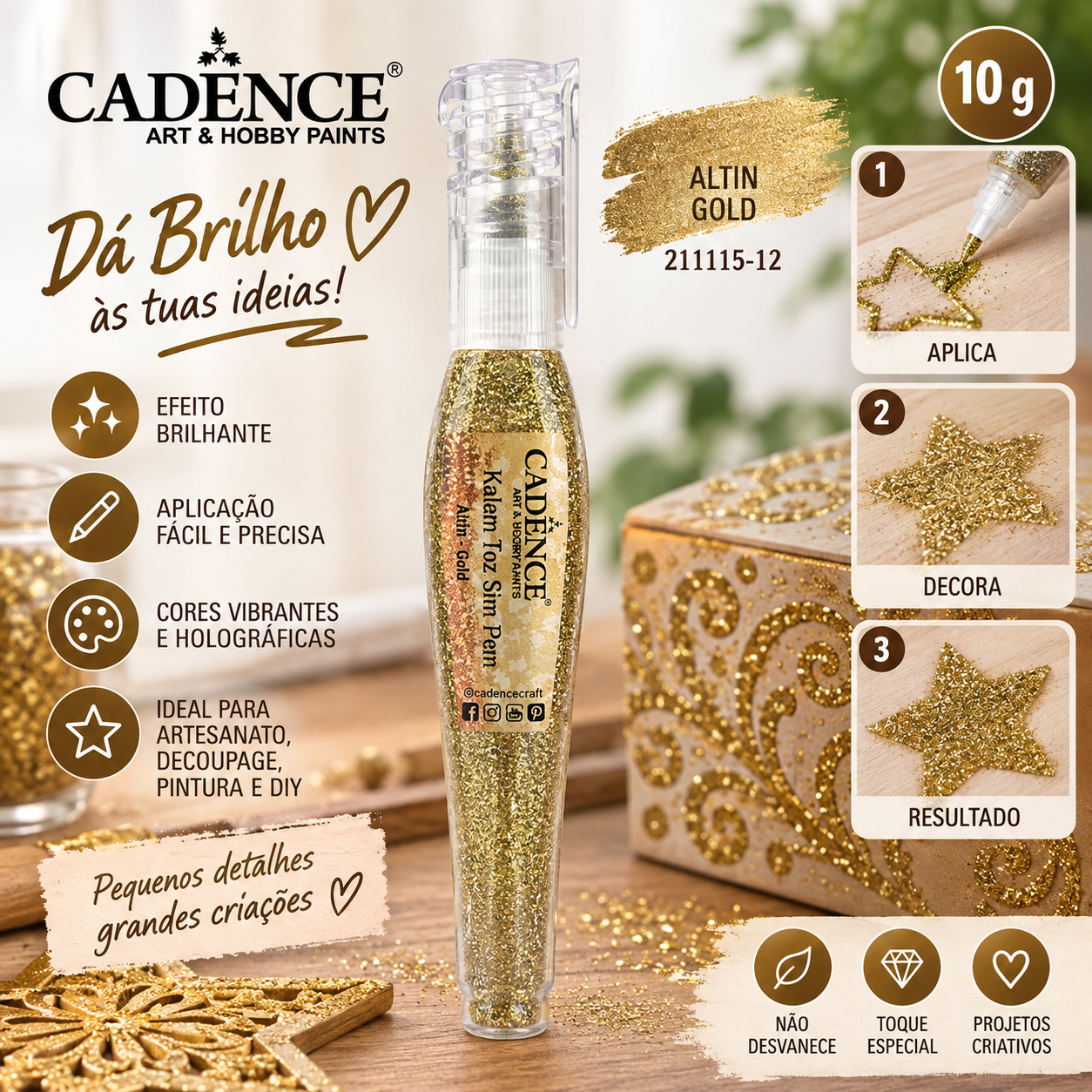 Cadence Glitter Powder Pen Dourado – 10 g