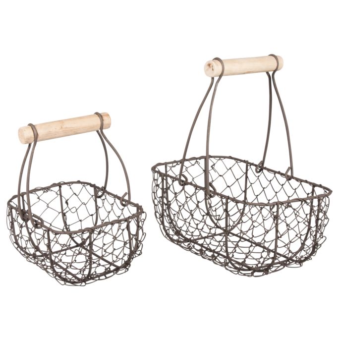 2 Cestos Decorativos de Metal c/ Alça de Madeira