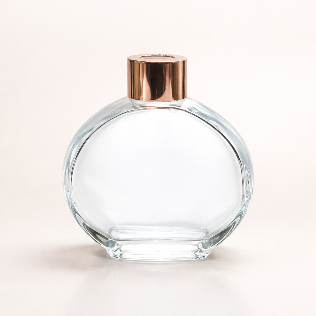 Frasco Difusor 50 ml Redondo Achatado – Vidro Transparente com Tampa Rose Gold