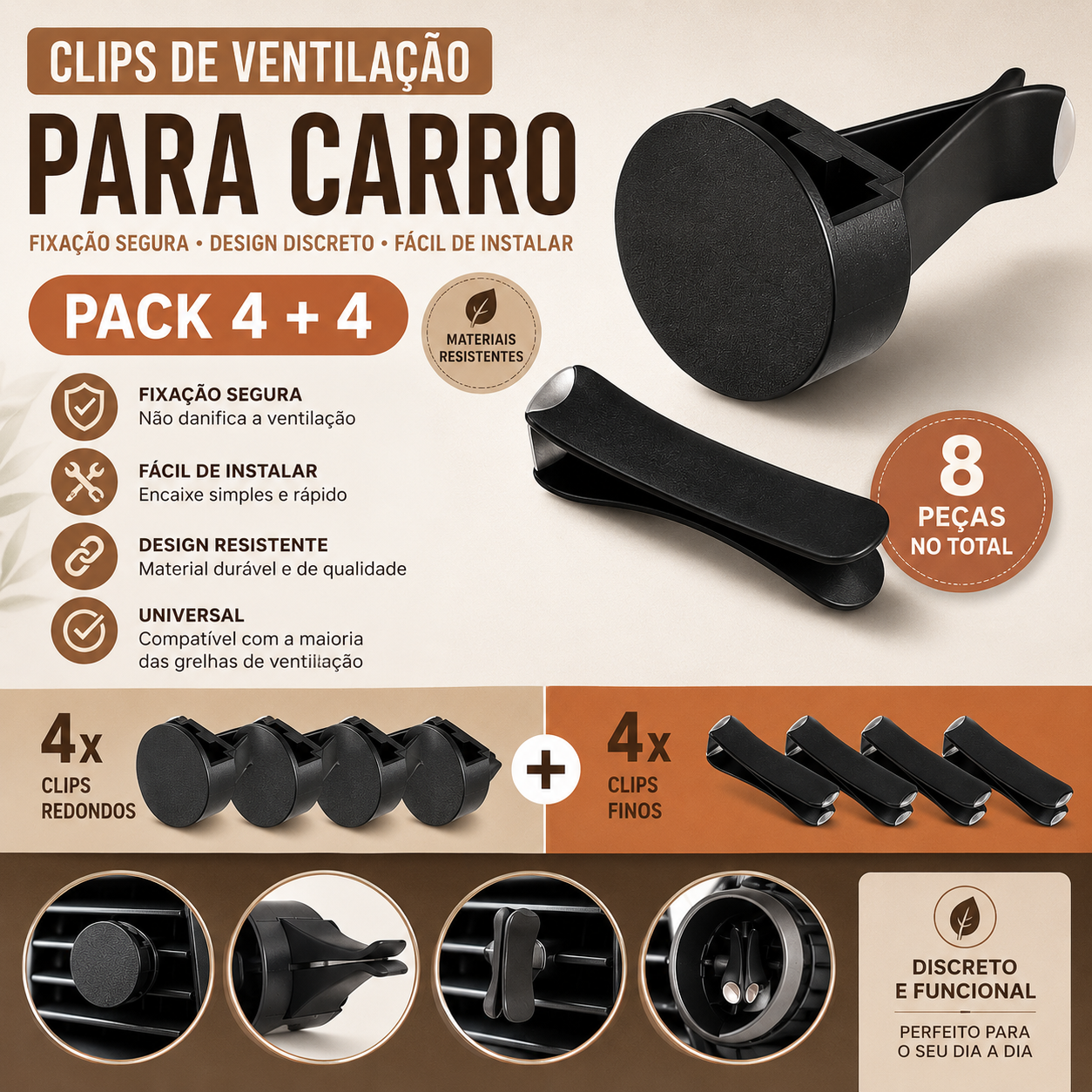 Clips de Ventilação para Carro – Pack 4 + 4 (8 Peças)