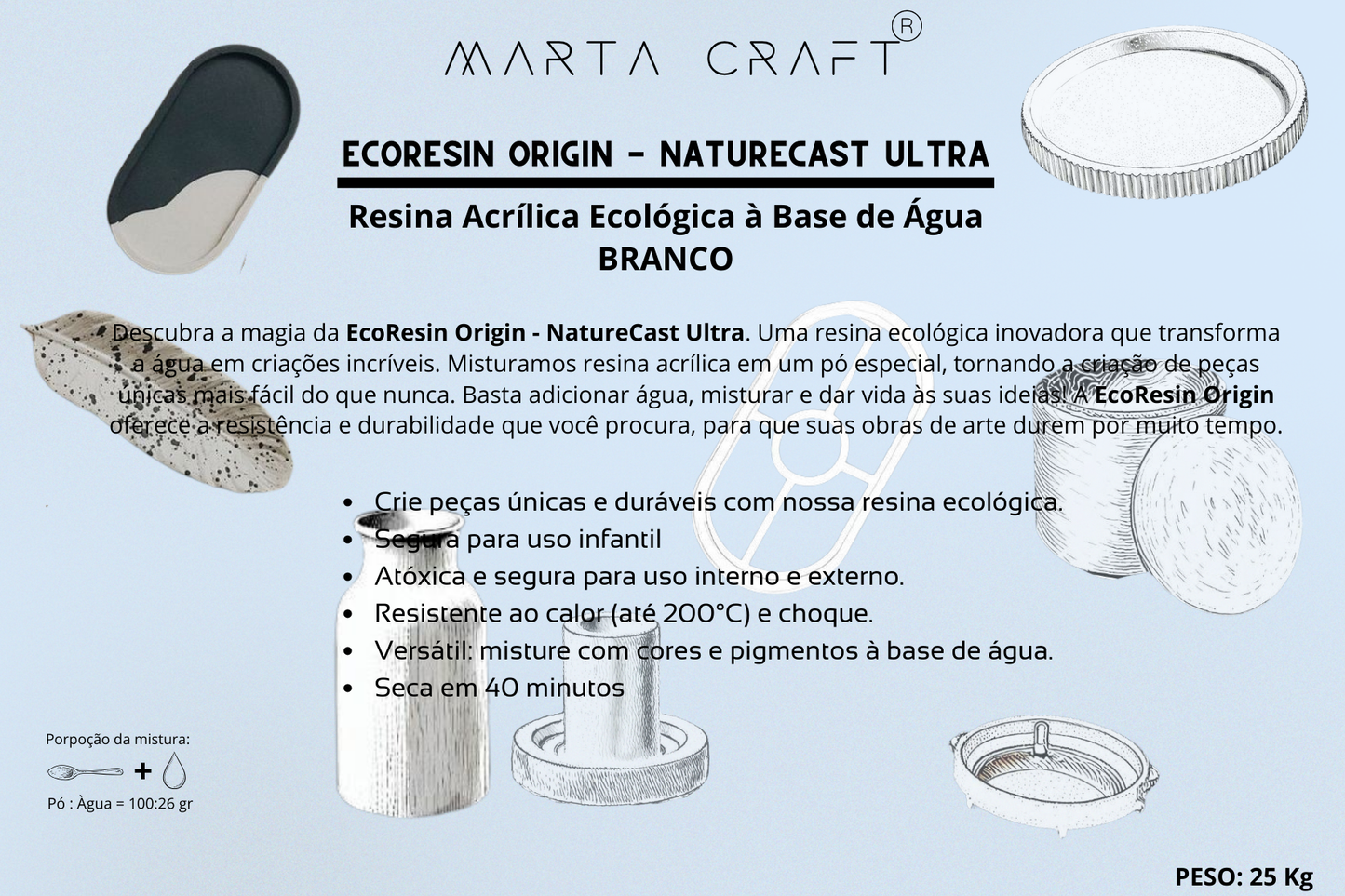 RESINA ORGÂNICA - ECORESIN ORIGIN - 25KG - NATURECAST ULTRA -MARTA CRAFT ® - BRANCO | PROD ECONÓMICO