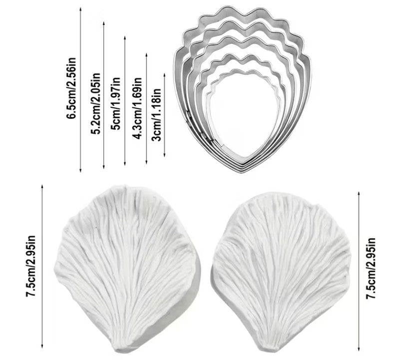 F111MS- Conjunto de 5 Cortadores de Aço Inoxidável para Peônia + 2 Formas de para Fondant = Kit de 7 Peças.