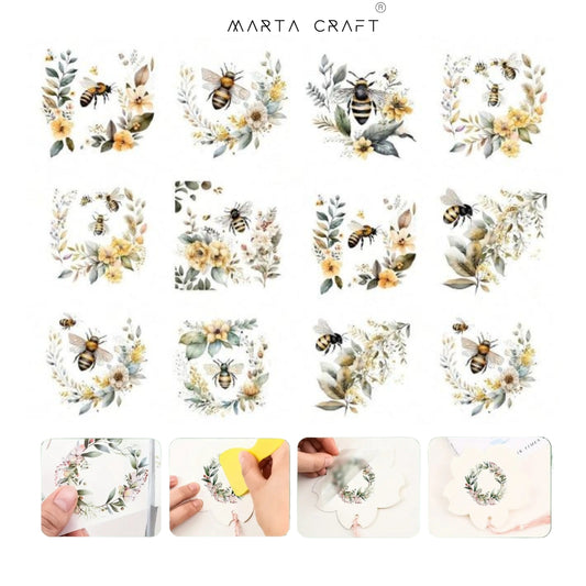 12 pçs de Transferência UV DTF com Tema abelha e flor em aquarela