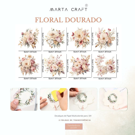 16 pcs Papel de Transferência UV DTF com Tema floral dourado