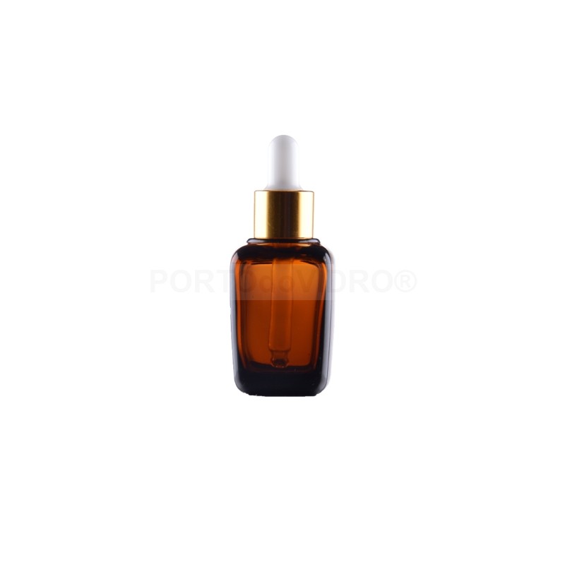Frasco Vidro Ambar Quadrado 30ml + Tampa Conta-Gotas c/ Tetina Dourada
