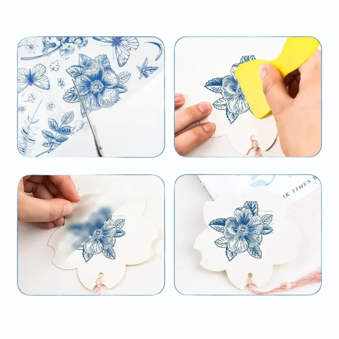 3 Folhas de Transferência UV DTF com Tema Floral Azul II