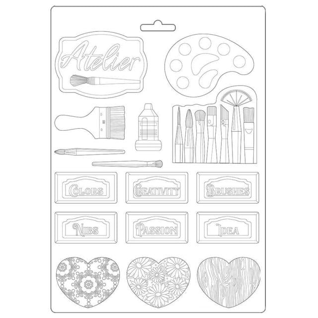 Molde em PVC flexivel Stamperia A4 Atelier tags Pintura