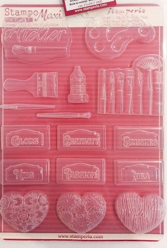 Molde em PVC flexivel Stamperia A4 Atelier tags Pintura