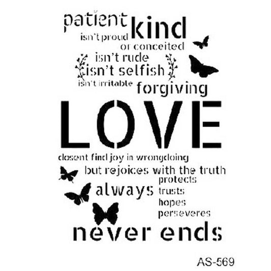 Modelo de stencil O AMOR NUNCA ACABA CADÊNCIA 21 x 30 cm.