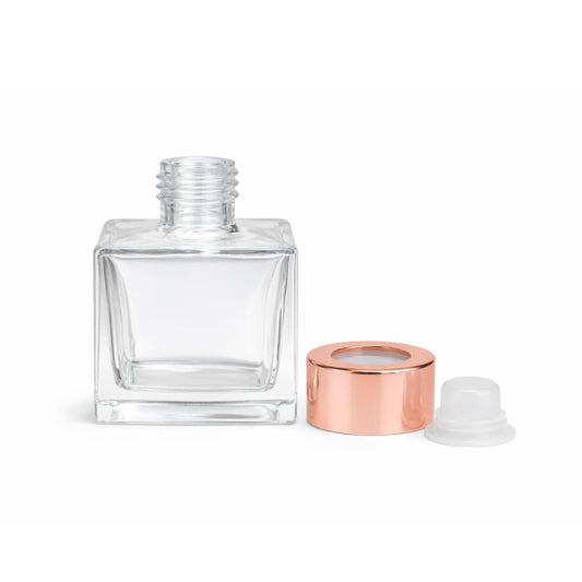 Frasco Vidro Transparente difusor quadrado + Tampa Conta rosa gold  50 ml