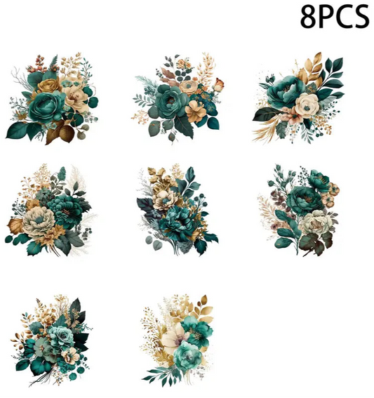 AT070 - Conjunto de 8 peças de autocolantes UV DTF flores fundo Branco