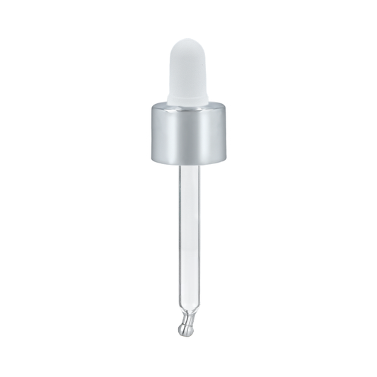 Frasco Vidro Transparente 20mL + Tampa Conta-Gotas c/ Tetina Branco e Prateado