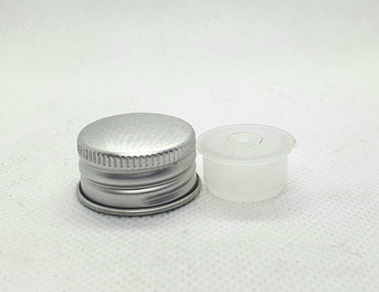 Mini Garrafa PET 10 ml + Tampa Plástico Aluminizado Cinzento