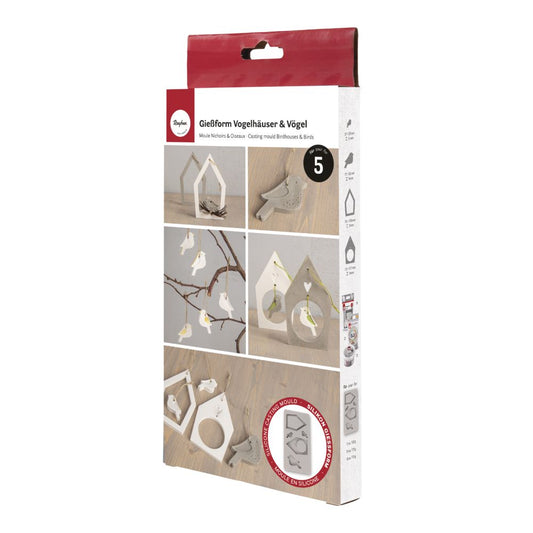 Rayher -Molde de silicone para casas de passarinhos + pássaros 14,5x26x1,2cm, 5 formas, caixa 1 peça
