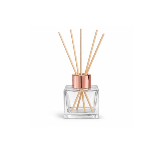 Frasco Vidro Transparente difusor quadrado + Tampa Conta rosa gold  50 ml