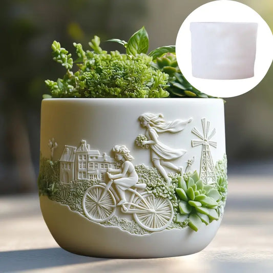 BP088MS - Molde Silicone Epóxi - Pote Vaso Relevo Sonhadores para Paisagens