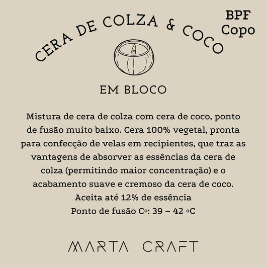 Cera de Colza com Coco (Bloco) - P/ Velas Recipiente - PFMB