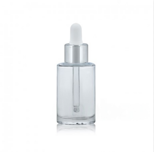 Frasco Vidro Ambar Transparente Redondo 30mL + Tampa Conta-Gotas c/ Tetina