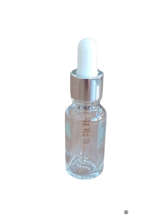 Frasco Vidro Transparente 20mL + Tampa Conta-Gotas c/ Tetina Branco e Prateado