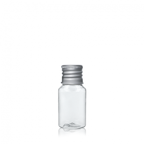 Mini Garrafa PET 10 ml + Tampa Plástico Aluminizado Cinzento