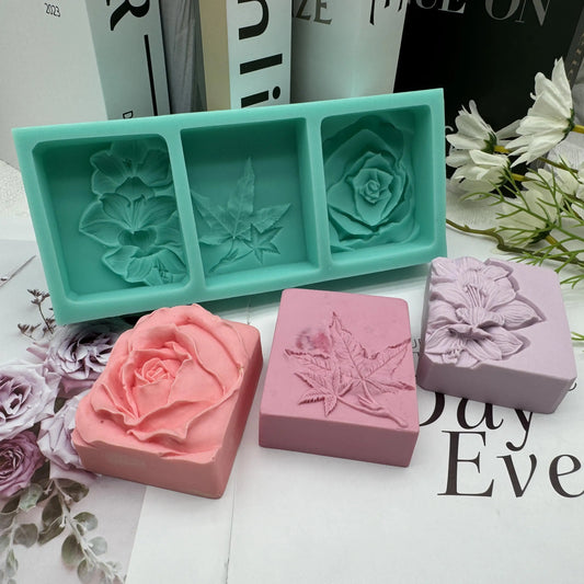 S013MS - 3 cavidades molde de sabão de silicone Floral