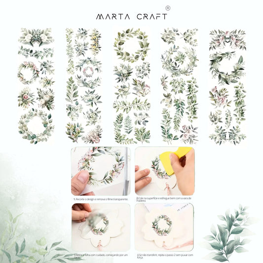 5 folhas Papel de Transferência UV DTF com Tema Folhas e Flores Botânicas