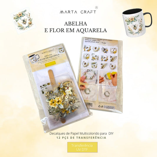12 pçs de Transferência UV DTF com Tema abelha e flor em aquarela