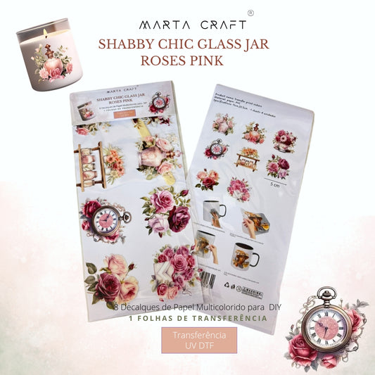 8 pçs de Transferência UV DTF com Tema Shabby Chic Glass Jar Roses Pink
