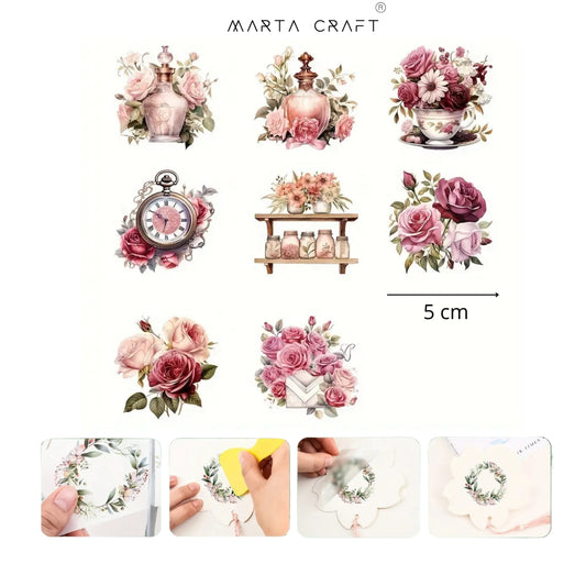 8 pçs de Transferência  UV DTF com Tema Shabby Chic Glass Jar Roses Pink