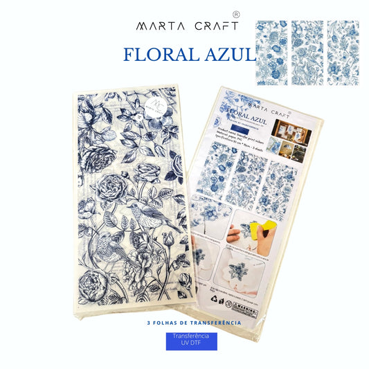 3 Folhas de Transferência   UV DTF com Tema Floral Azul I