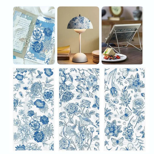 3 Folhas de Transferência   UV DTF com Tema Floral Azul I