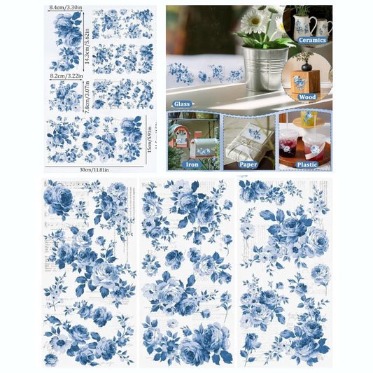 3 Folhas de Transferência   UV DTF com Tema Floral Azul II