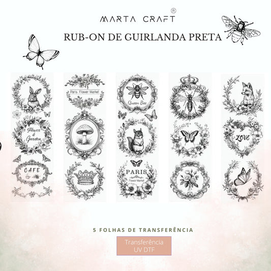5 folhas Papel de Transferência UV DTF com Tema Rub-On de Guirlanda Preta