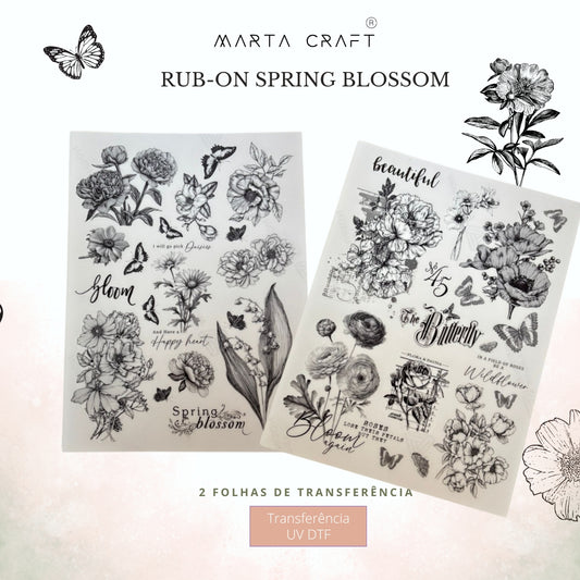 2 folhas Papel de Transferência UV DTF com Tema Rub-On Spring Blossom