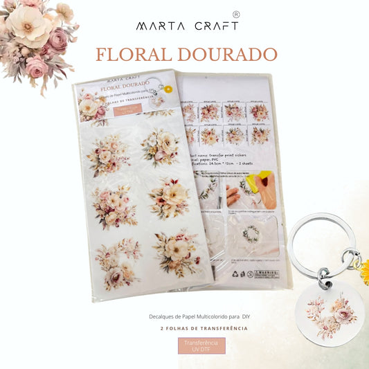 16 pcs Papel de Transferência UV DTF com Tema floral dourado