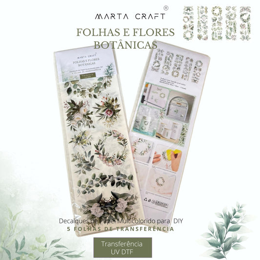 5 folhas Papel de Transferência UV DTF com Tema Folhas e Flores Botânicas