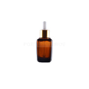 Frasco Vidro Ambar Quadrado 30ml + Tampa Conta-Gotas c/ Tetina Dourada