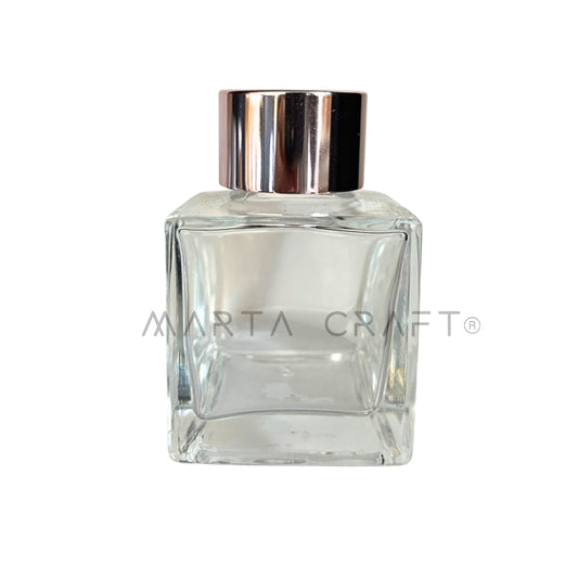 Frasco Vidro Transparente difusor quadrado + Tampa Conta rosa gold 50ml/100 ml
