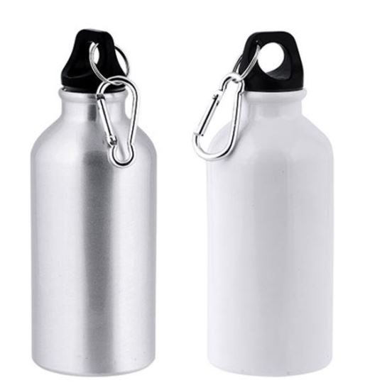 Garrafa em alumínio com mosquetão. , 400 ml Branco, Prateado