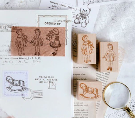 CAR024- Vintage dos desenhos animados, menina, pônei, urso, carimbo de madeira diy artesanato