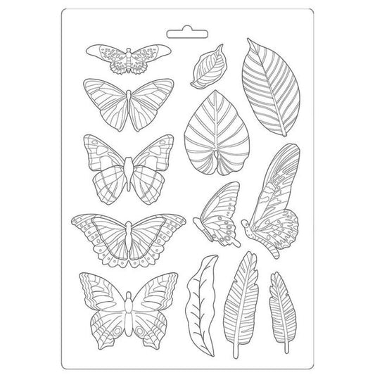Molde em PVC flexivel Stamperia A4 -  Folhas e borboletas da Amazônia