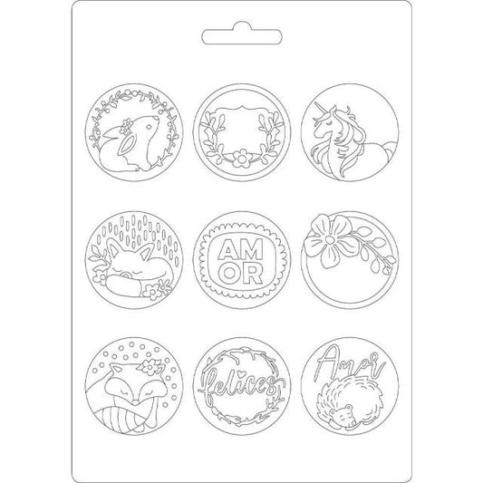 Molde em PVC flexivel Stamperia A5 - Felizes, Unicornio, Coelho, Amor, Flor