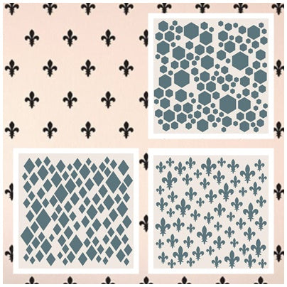 ST001 – Stencil – Losango, Hexágonos, Flor de Lis