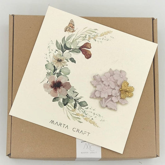 Kit Cartão ilustrado com peça de ramo de flores - Gesso - Pó de Cerâmica Colorido - MARTA CRAFT